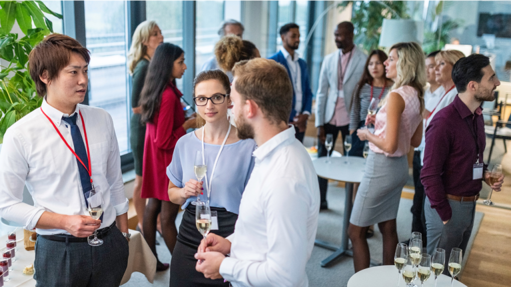 Corporate event planning networking with professionals connecting at business event