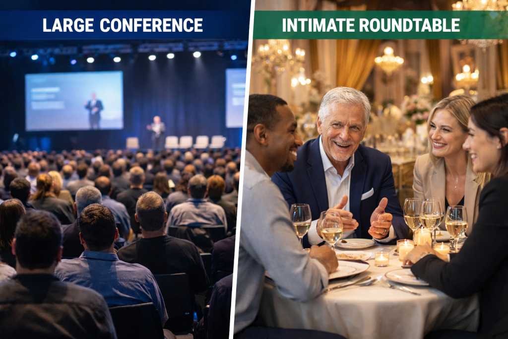 Toronto corporate micro-event with professionals engaged in intimate roundtable discussion demonstrating higher ROI than large conferences