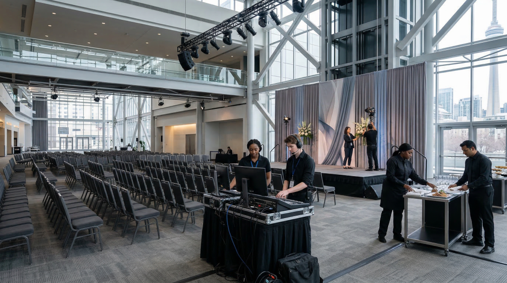 Calm Execution Event Management planner reviewing run of show during a corporate conference.