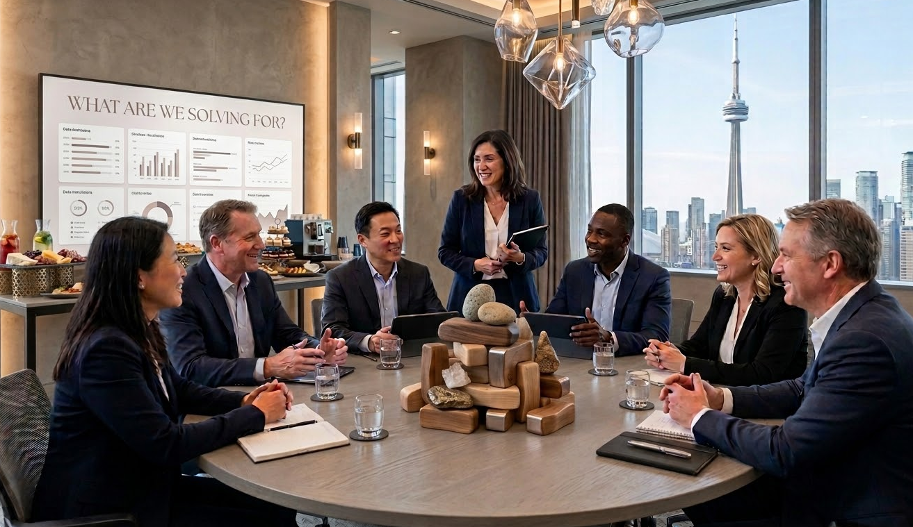 Corporate workshops Toronto showing professionally facilitated executive roundtable with engaged peer dialogue replacing traditional keynote format